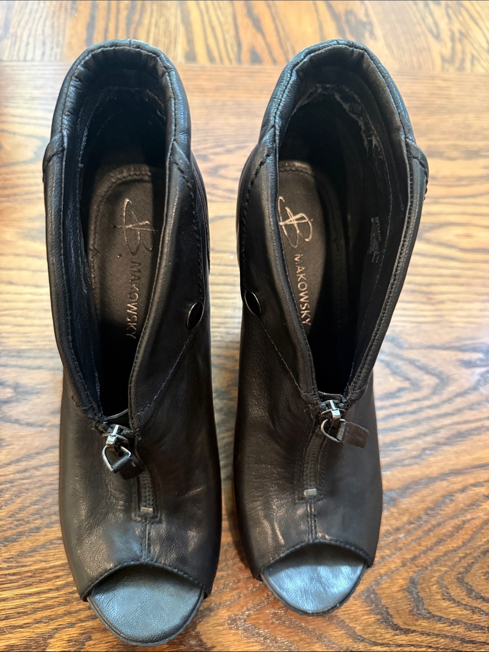 b. makowsky Black Leather Peep-Toe Heeled Booties with front Zipper